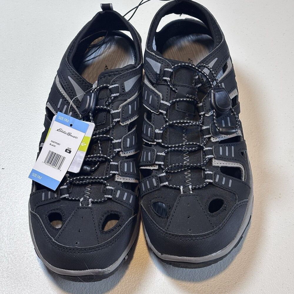 Eddie Bauer Eastport Fisherman Water Sandal Shoes Black Size 9M Bungee Laces NEW